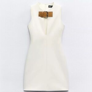 NWT Zara Cream Sleeveless Dress with Brown Buckle